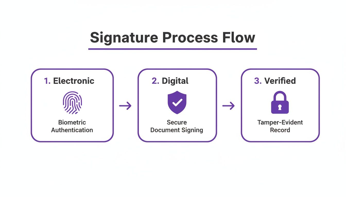Diagram illustrating the secure digital signature process flow with three steps: Electronic, Digital, and Verified.