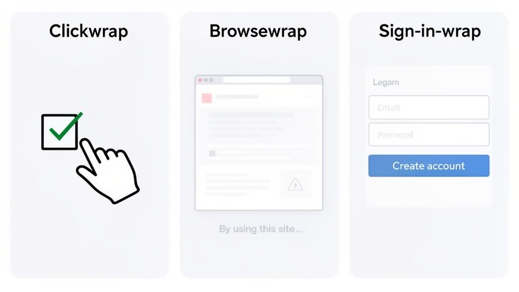 An illustration of three types of digital wrap contracts: clickwrap, browsewrap, and sign-in-wrap examples.