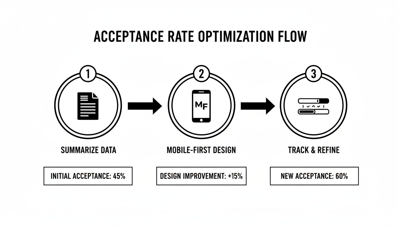 An infographic detailing the acceptance rate optimization flow with data summarization, mobile-first design, and tracking.