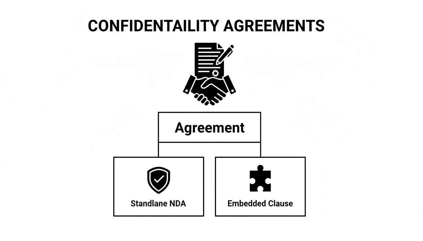 Diagram illustrating confidentiality agreement types: Standalone NDA and Embedded Clause.