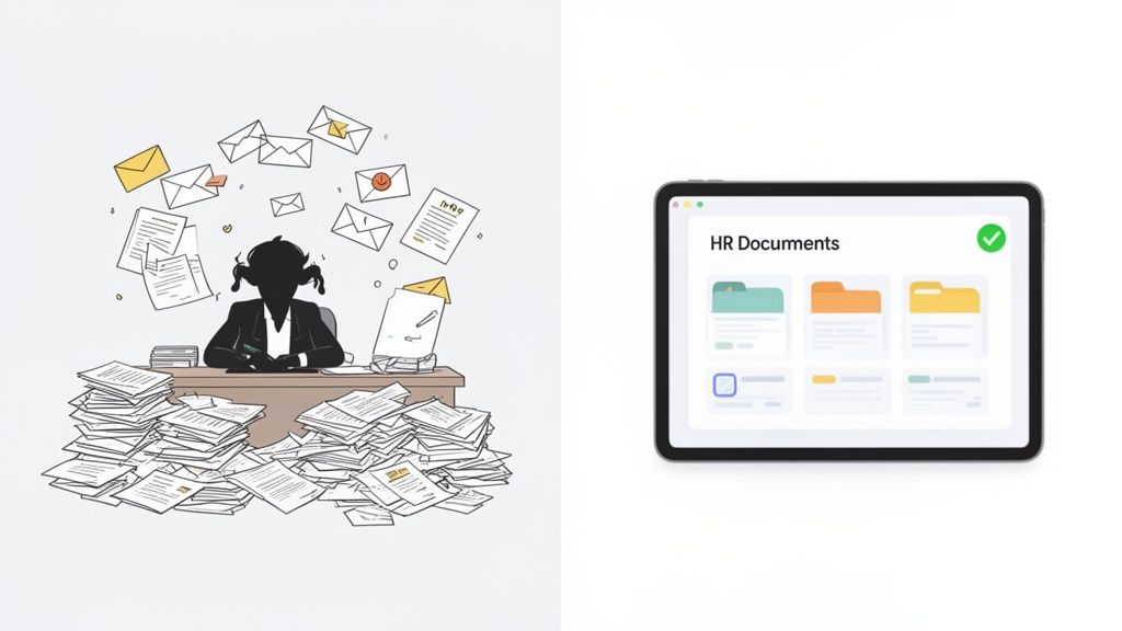 Illustration contrasting a person overwhelmed by physical documents with a tablet showing organized digital HR documents.