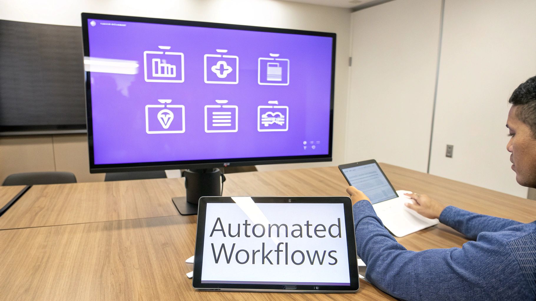 A man uses a tablet, with 'Automated Workflows' on a second tablet and app icons on a large screen.
