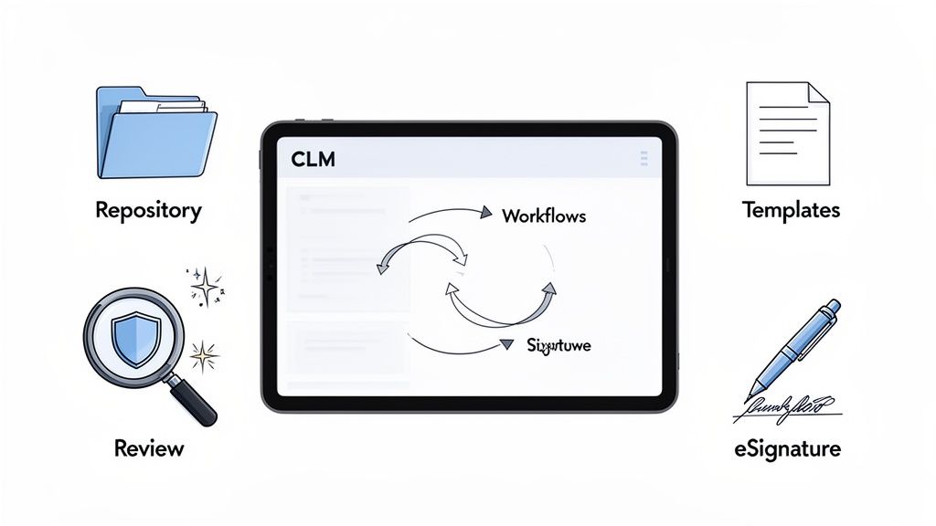 An illustration of a Contract Lifecycle Management (CLM) platform with repository, review, templates, workflows, and eSignature.