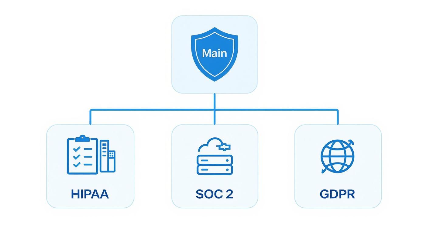Diagram illustrating a main shield connected to HIPAA, SOC 2, and GDPR compliance standards.