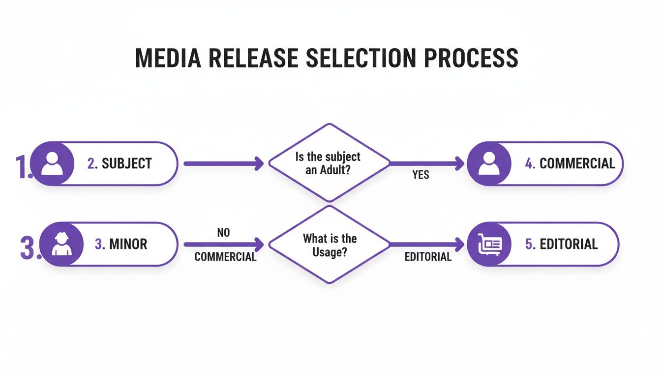 Flowchart detailing the media release selection process, differentiating between adult and minor subjects for commercial or editorial usage.