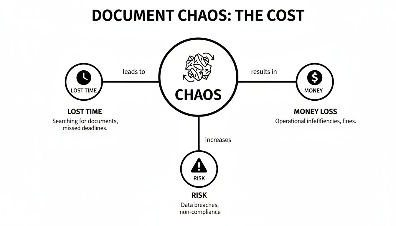 Diagram showing the costs of document chaos: lost time, money loss, and increased risk.