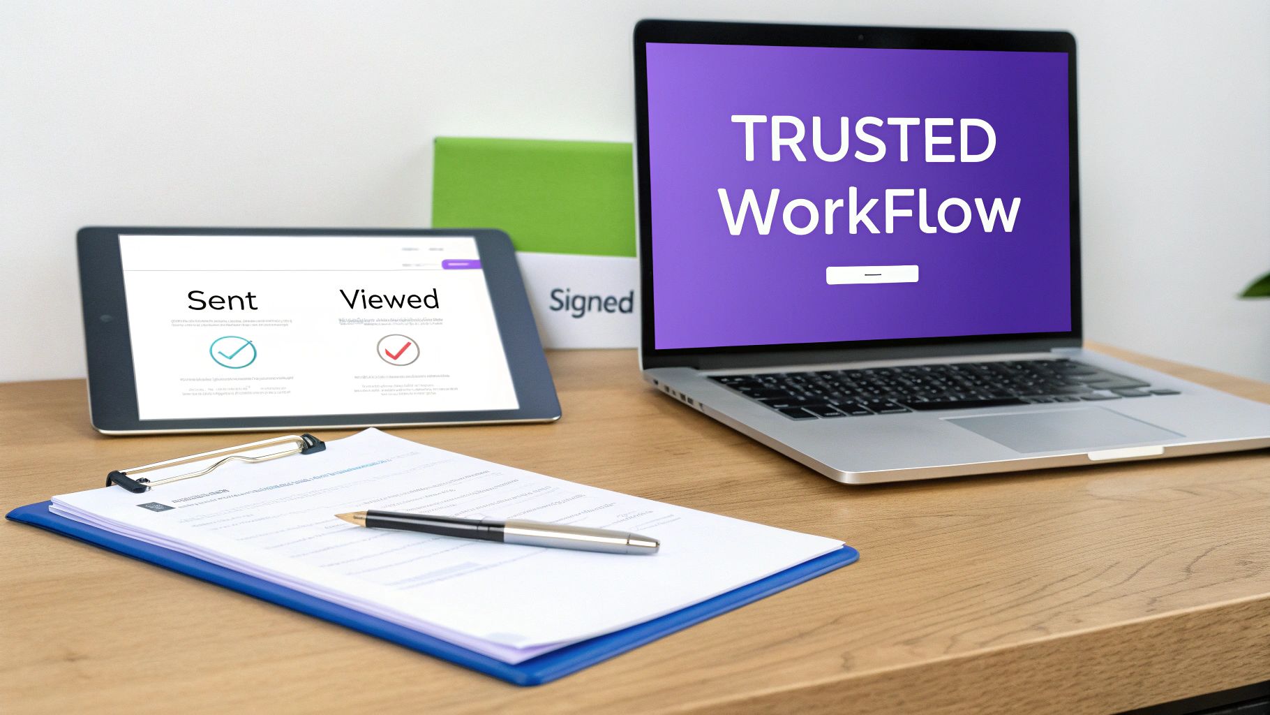 A desk setup with a tablet showing document status, a laptop displaying "TRUSTED WorkFlow", and a document with a pen, indicating digital processes.