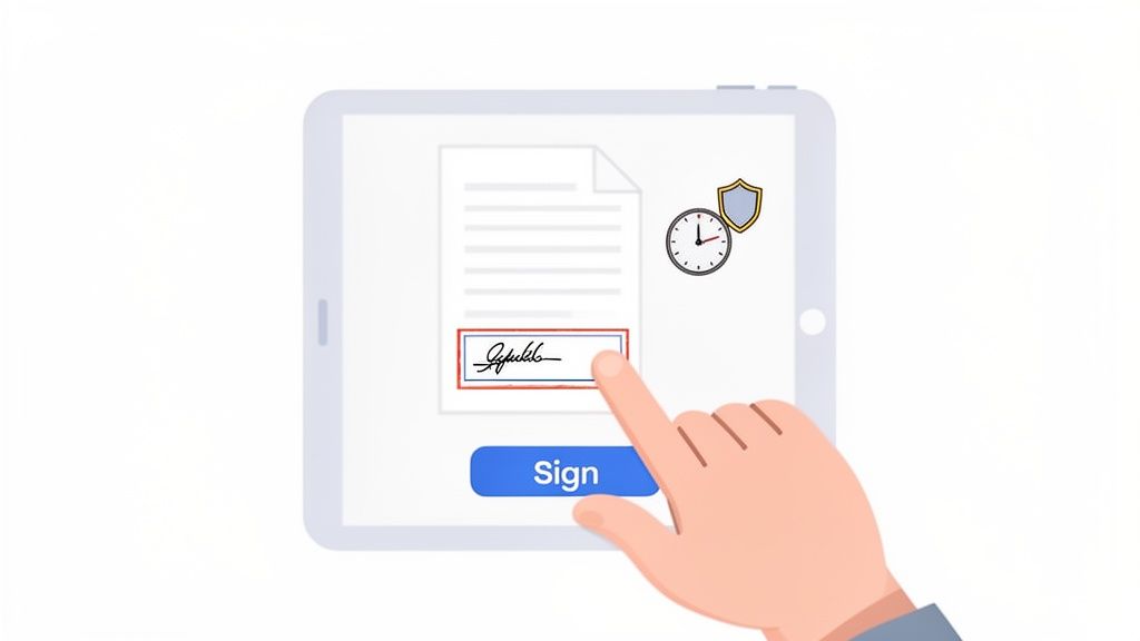 A hand digitally signs a document on a tablet, representing the secure e-signature process.