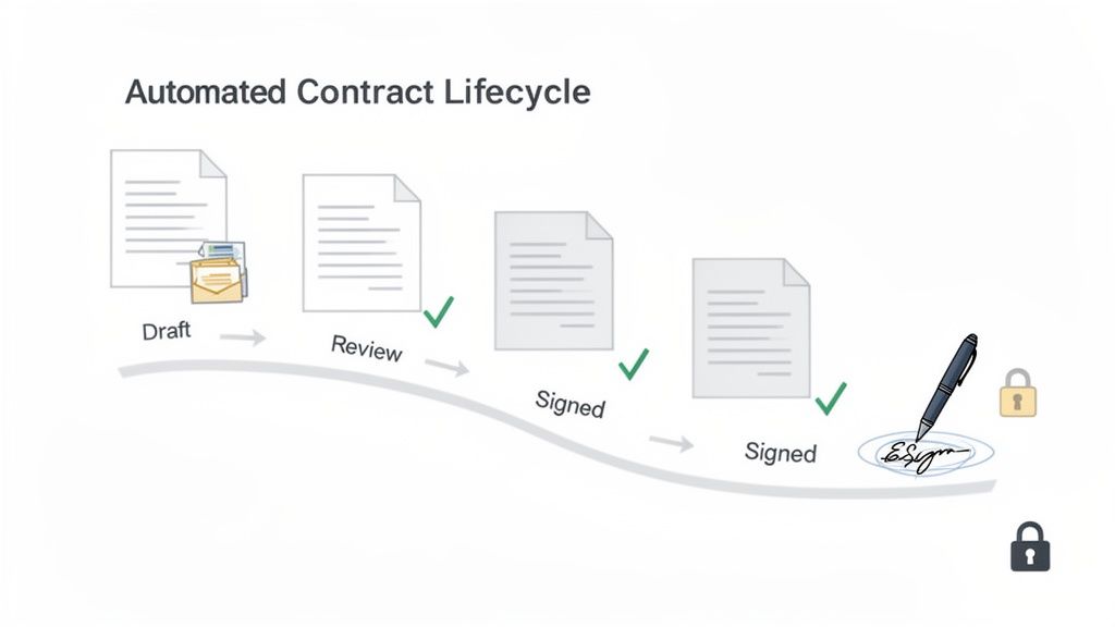 Flowchart showing an automated contract lifecycle, including drafting, review, multiple signing stages, and secure electronic signatures.