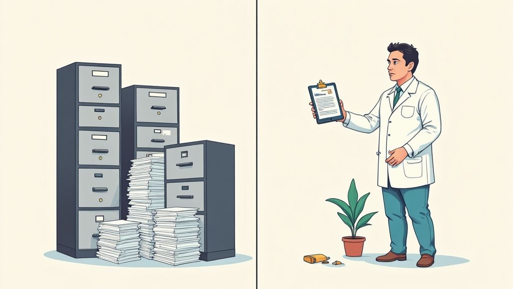 A healthcare professional at a desk, reviewing digital contracts on a tablet, symbolizing the shift to modern contract management software.