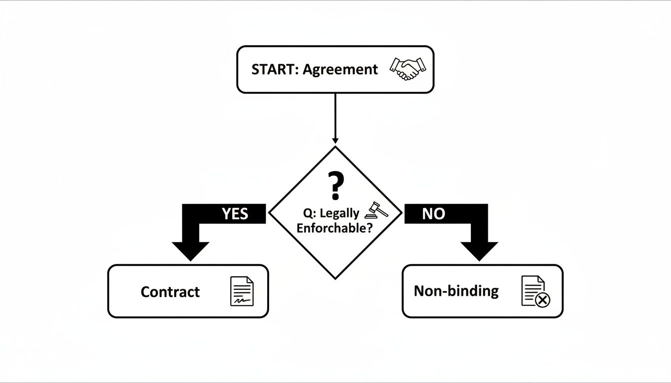 Flowchart illustrating how an agreement becomes a contract if legally enforceable, otherwise it is non-binding.
