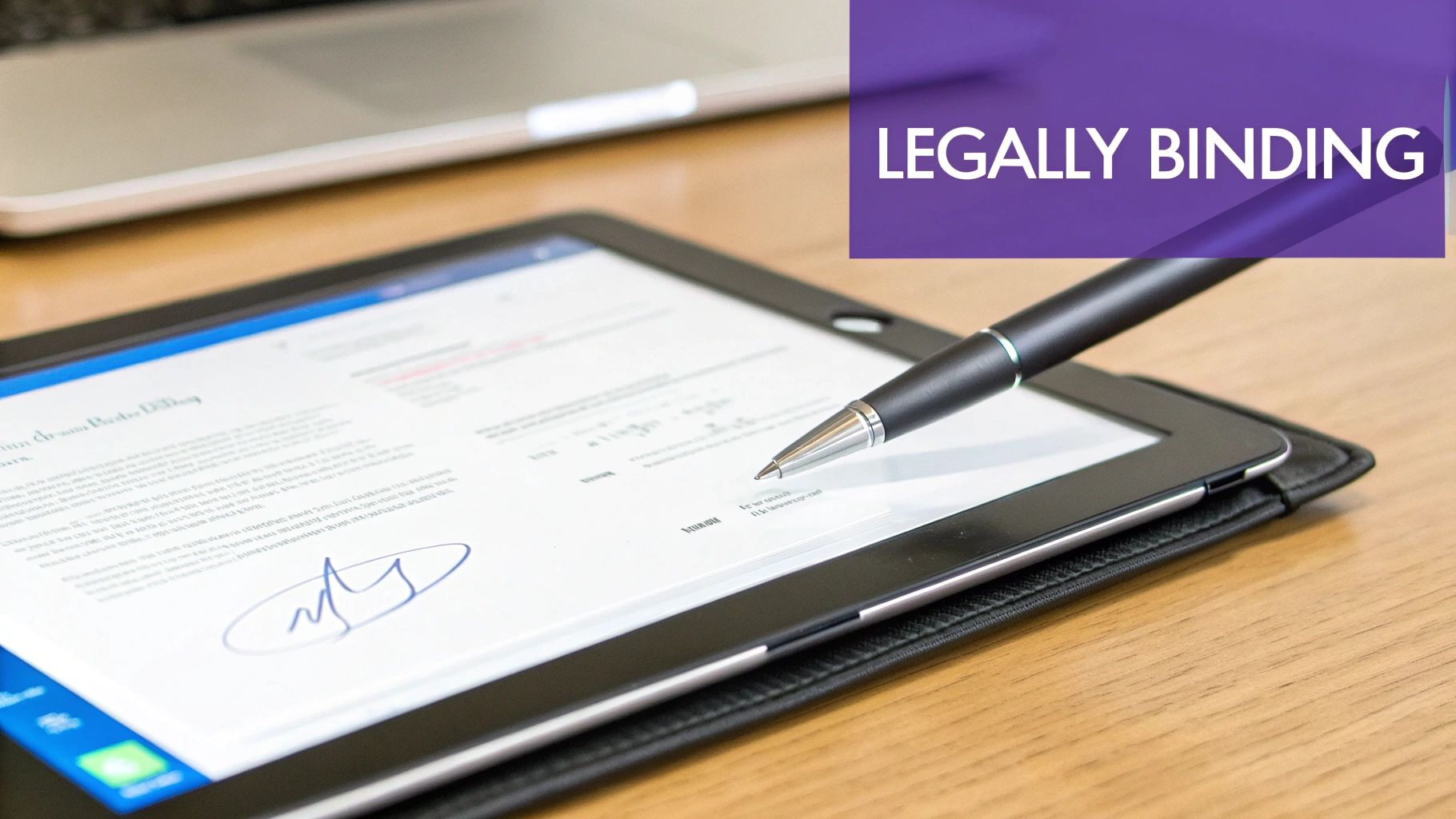 A person signing a document on a tablet, symbolizing a legally binding e-signature.