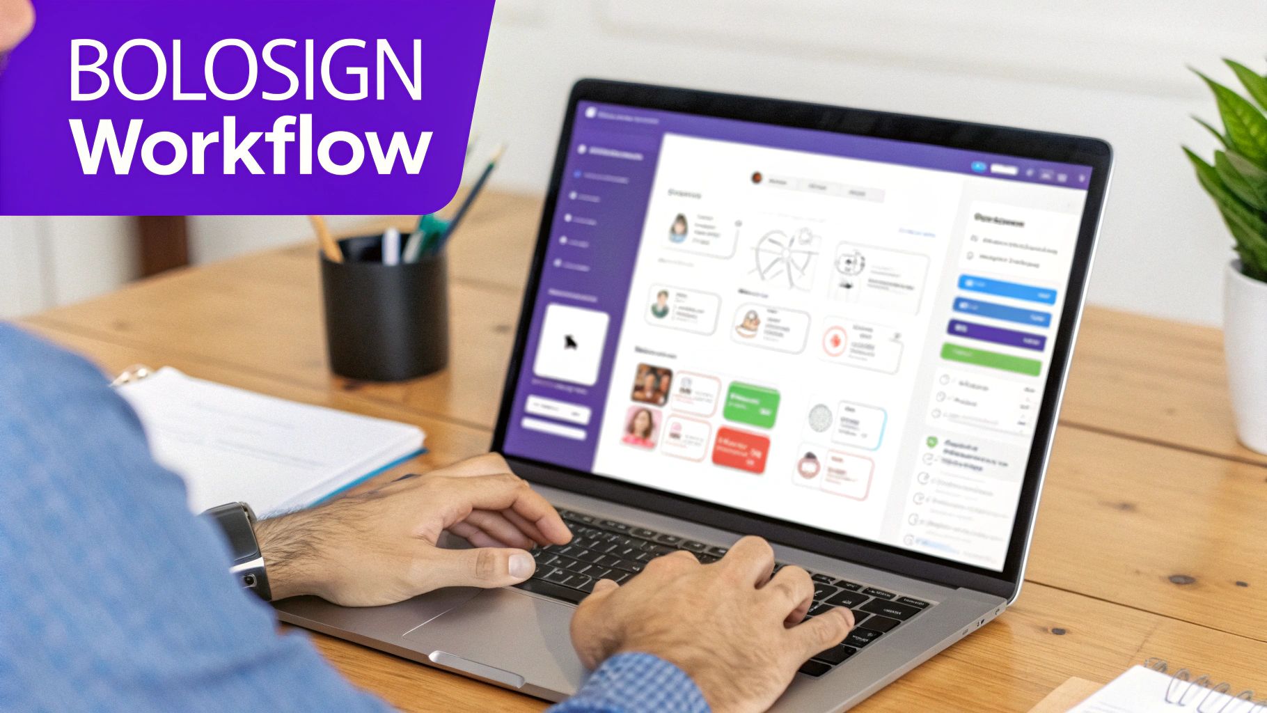 A person types on a laptop displaying the BOLOSIGN Workflow software interface.