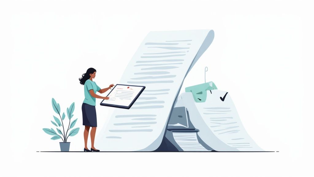 A woman uses a tablet to digitally sign or process documents, standing beside a large pile of papers being converted.