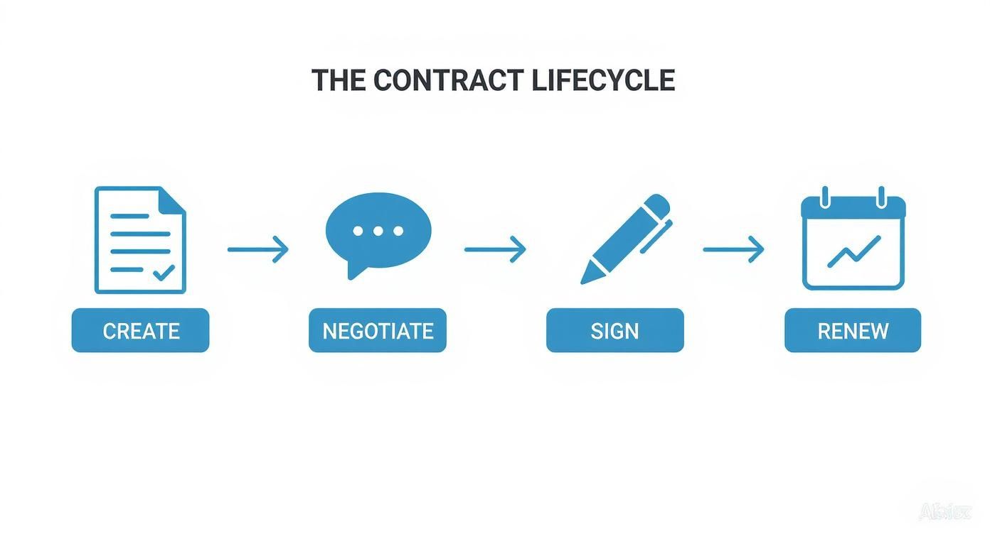 Infographic showing the contract lifecycle process from Create to Negotiate, Sign, and Renew