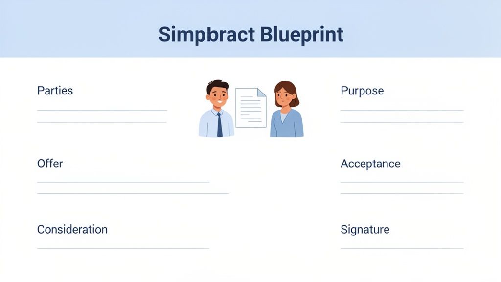 A blueprint outlining the essential elements of a contract, including parties, purpose, offer, acceptance, consideration, and signature.