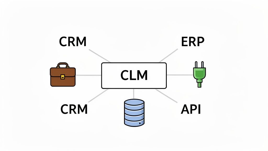 Diagram showing CLM software as a central hub integrating with CRM, ERP, API, and a database.