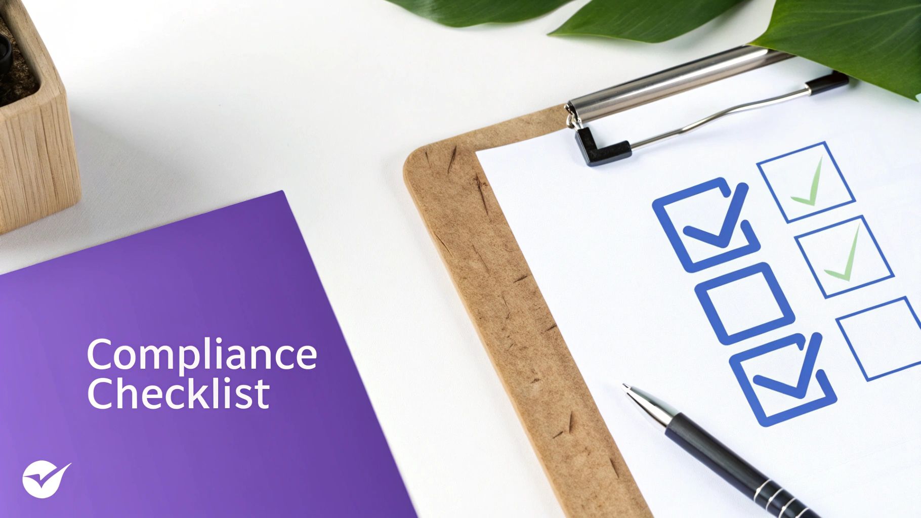 A purple folder labeled 'Compliance Checklist' next to a clipboard with checked boxes and a pen.