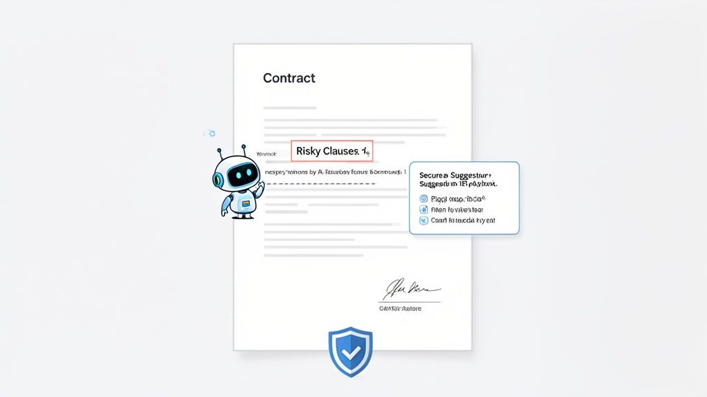 AI robot highlighting 'Risky Clauses' in a contract document with secure suggestions and a shield icon.