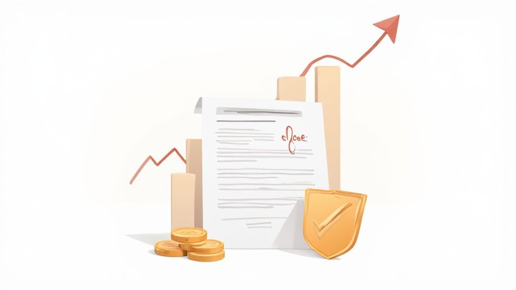 A document with a signature, gold coins, a shield, and a rising bar graph with an arrow.
