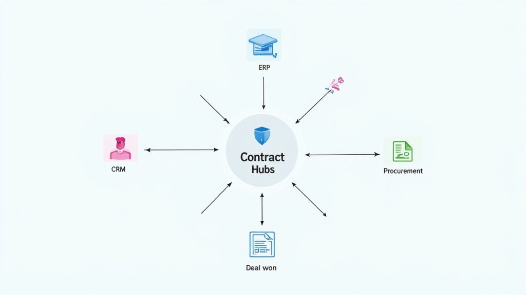 Diagram illustrating Contract Hubs centralizing data and processes across ERP, CRM, and Procurement systems.