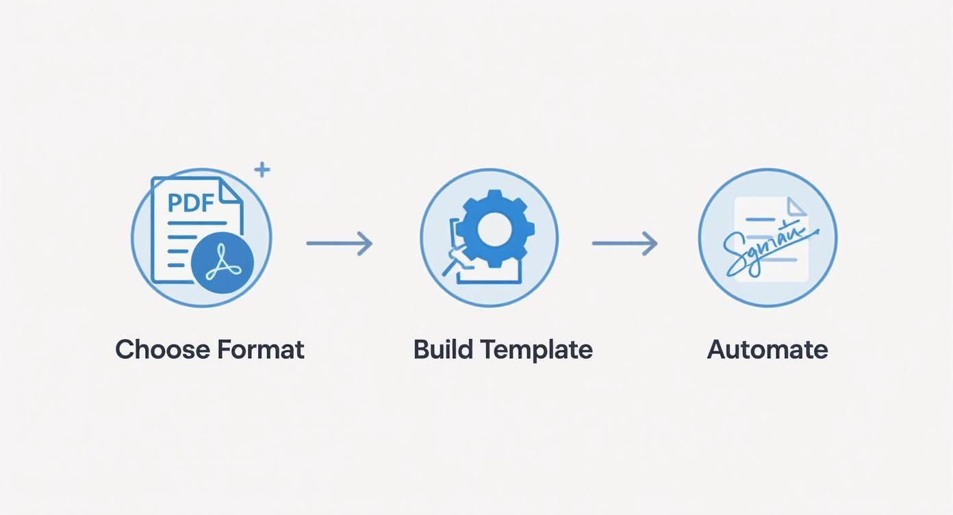Diagram illustrating a three-step document workflow: choose format, build template, and automate.