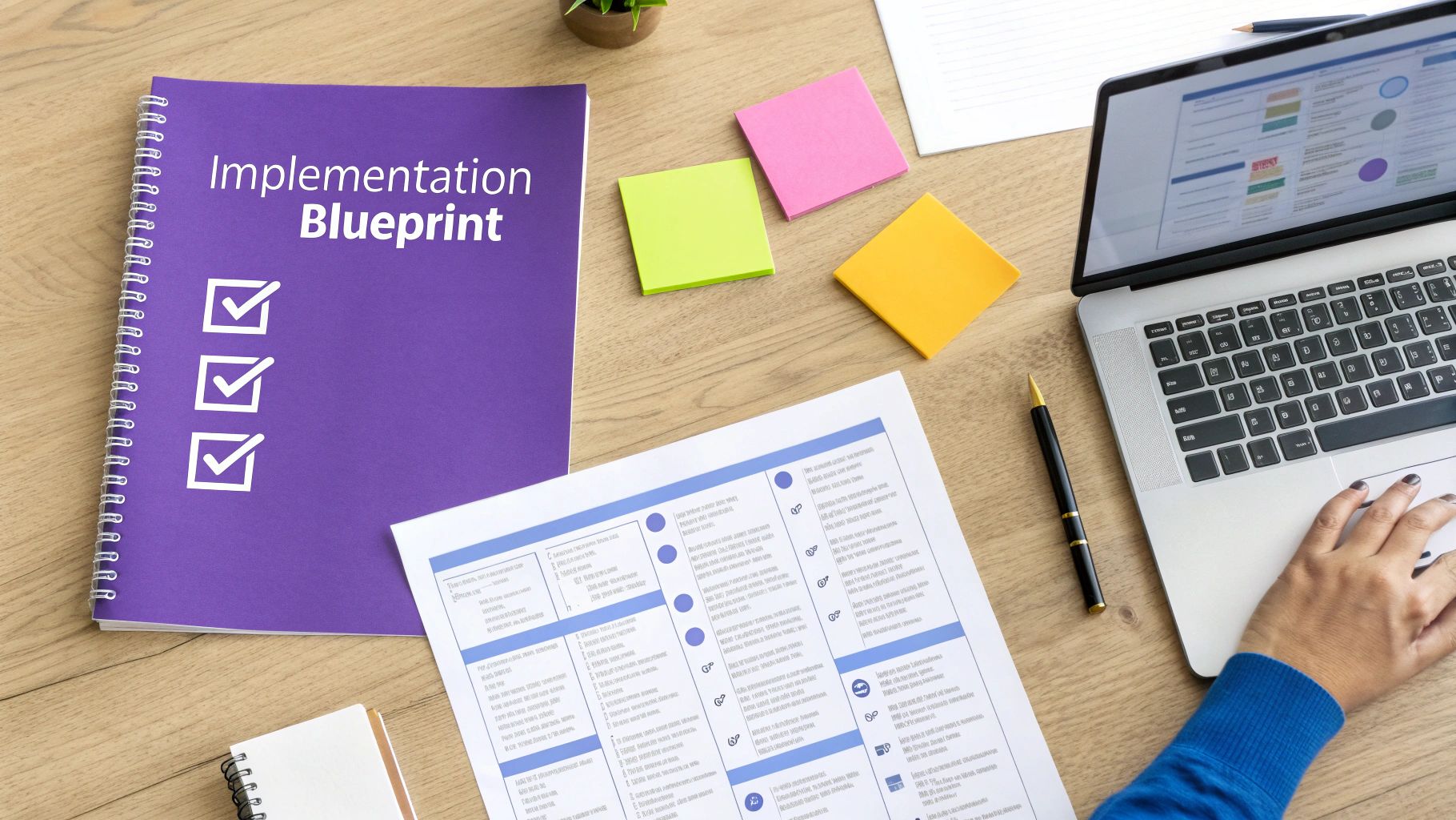 Top-down view of a desk with an 'Implementation Blueprint' notebook, laptop, sticky notes, and documents, suggesting project planning.
