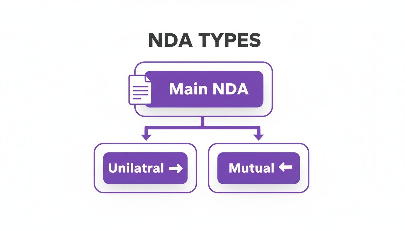 A diagram titled 'NDA TYPES' illustrating 'Main NDA' branching into 'Unilateral' and 'Mutual' types.