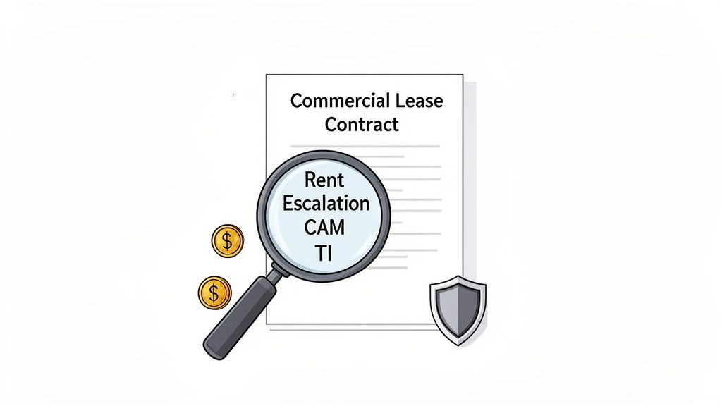 Magnifying glass over a commercial lease contract highlighting rent escalation, CAM, and TI terms, with dollar coins and a shield.
