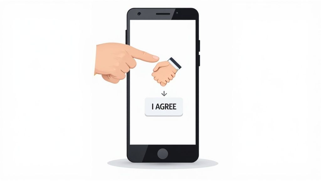 Hand pointing at mobile phone screen displaying I agree button for digital consent
