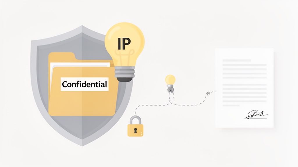 A shield protects a 'Confidential' folder and an 'IP' lightbulb, connected via a padlock to a signed document.
