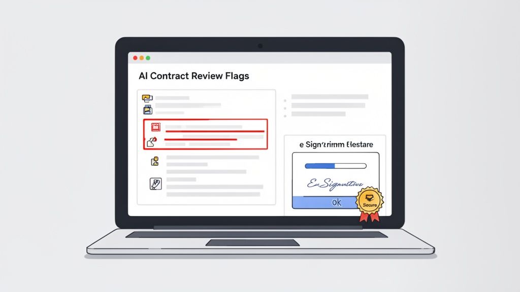 A laptop displays AI contract review flags with highlighted sections and an e-signature interface.