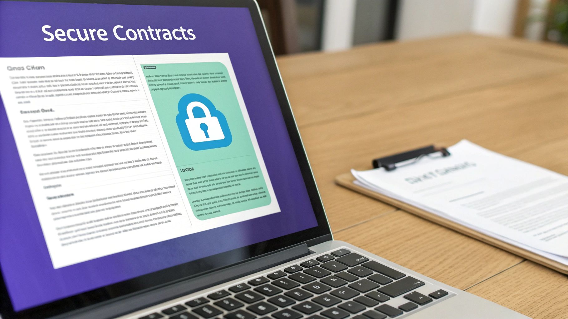 A shield icon overlaying a digital document, representing secure contract management.