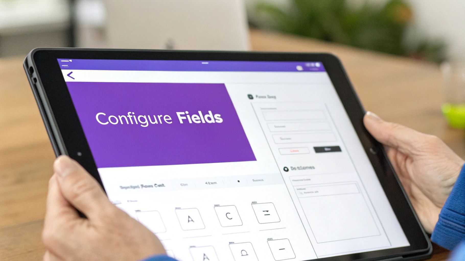 Hands holding a tablet displaying a software interface for configuring form fields.
