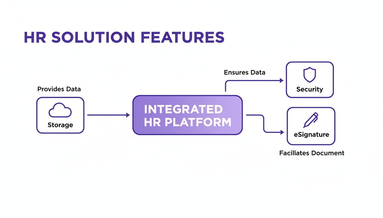 Diagram illustrating HR solution features, including storage, integrated HR platform, security, and eSignature.