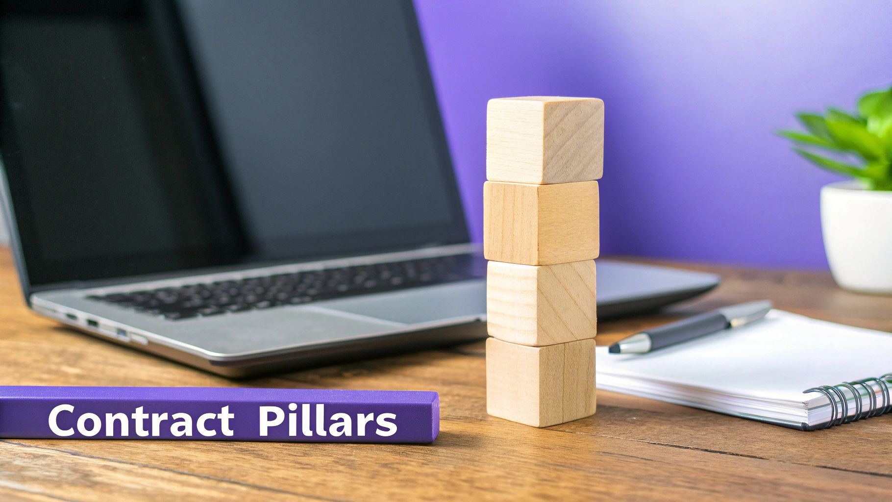 A wooden desk with a laptop, a stack of four wooden blocks, and a purple 'Contract Pillars' block.