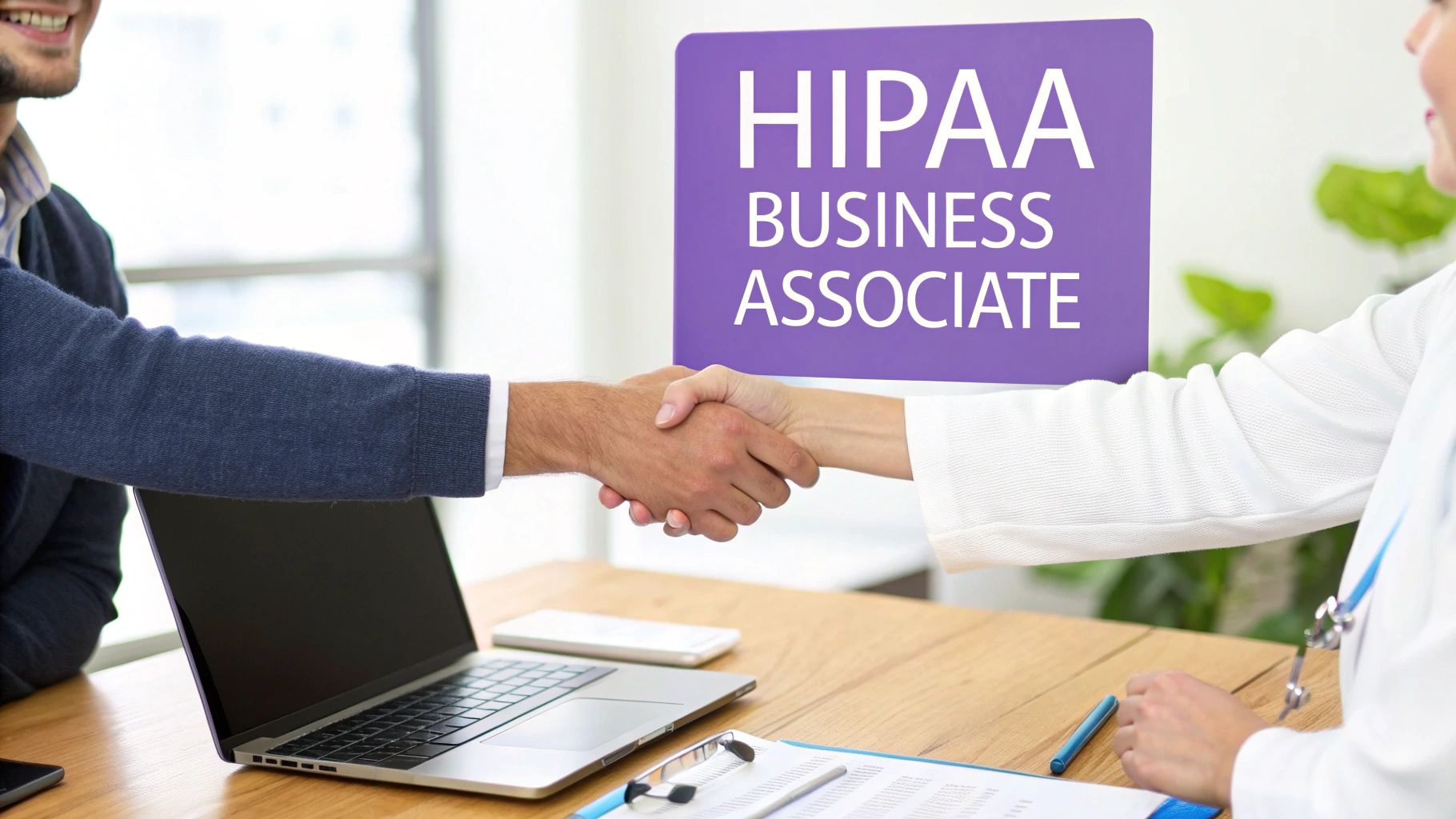 Two business professionals shaking hands across a desk, with a 'HIPAA Business Associate' sign in the background.