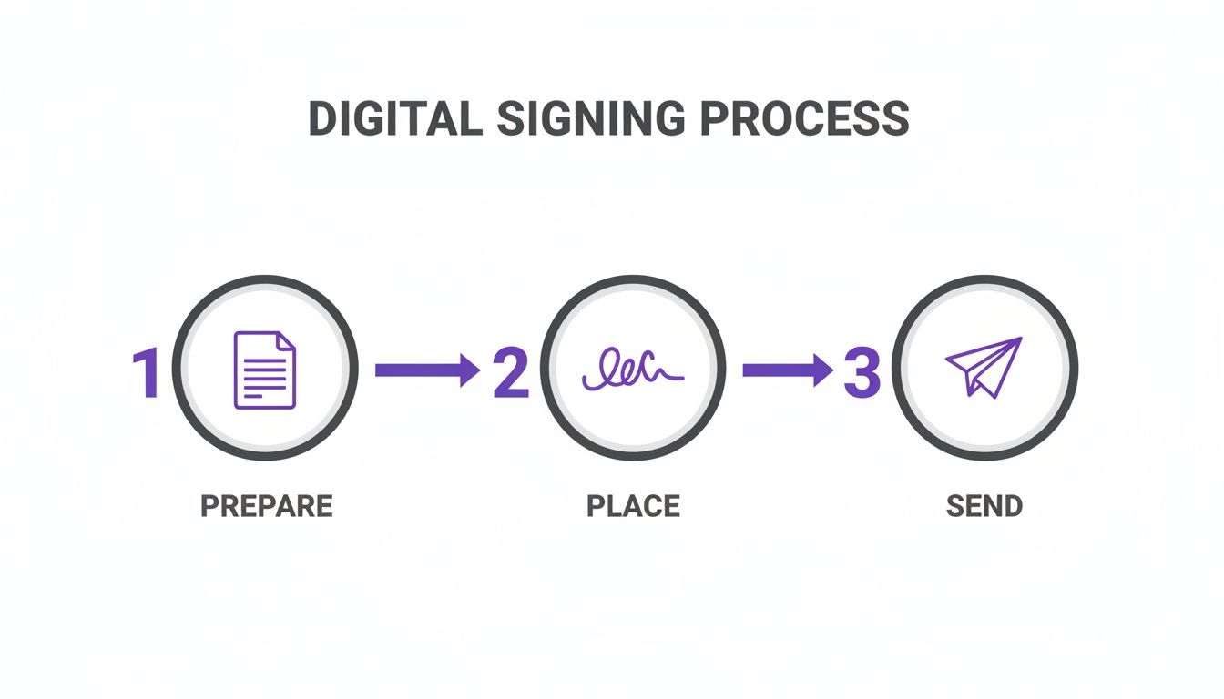 An infographic detailing the three steps of digital signing: prepare, place, and send.