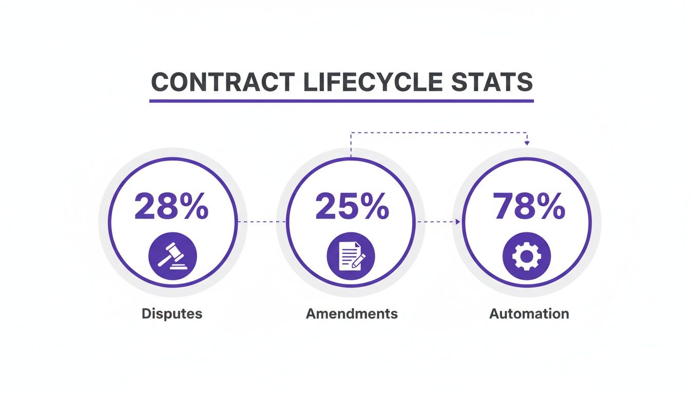 A diagram illustrating contract lifecycle statistics, showing 28% disputes, 25% amendments, and 78% automation.