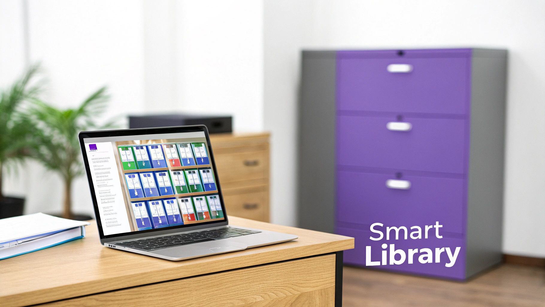Laptop displaying employee document management system interface on wooden desk with purple smart library filing cabinet