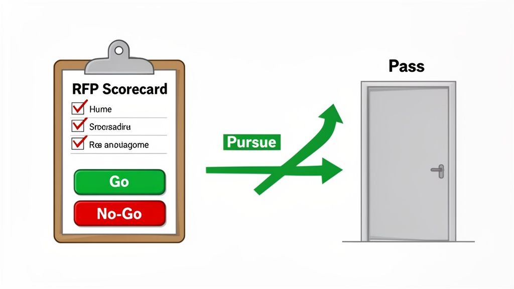 An RFP scorecard with checked items and a 'Go' button leads to a 'Pass' door via a 'Pursue' arrow, illustrating a decision process.