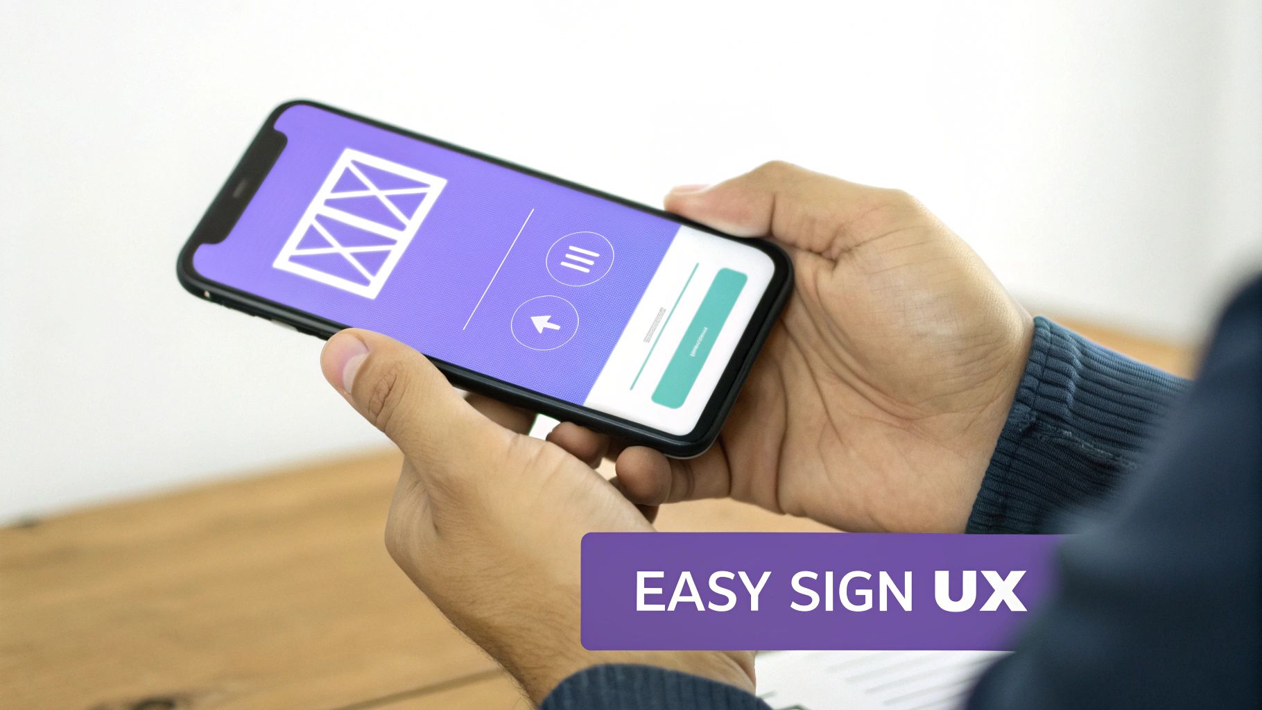 Hands holding a smartphone displaying a purple app with an email icon, indicating easy sign-up UX.