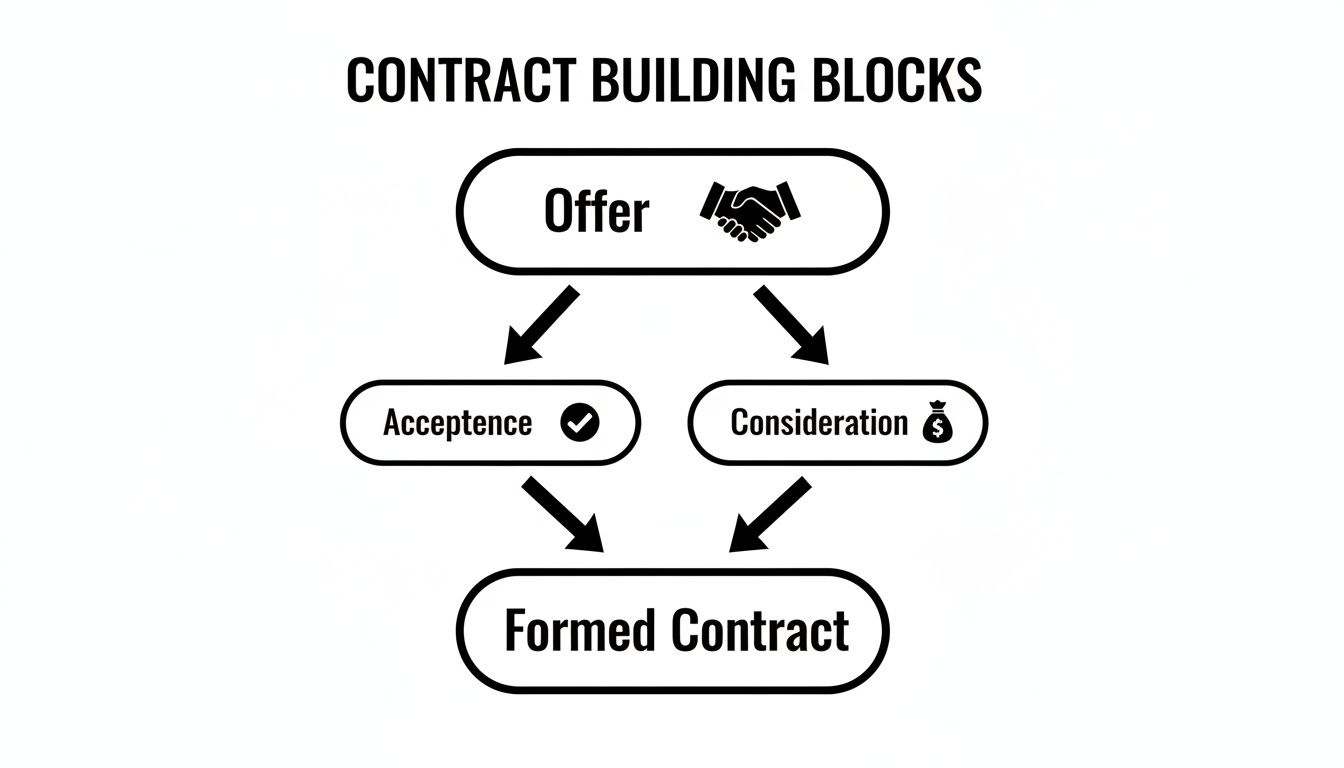 A flowchart illustrating the contract building blocks: Offer, Acceptance, and Consideration leading to a Formed Contract.