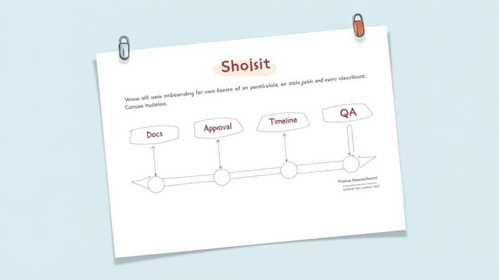 A hand-drawn workflow diagram on paper, detailing steps for Docs, Approval, Timeline, and QA.
