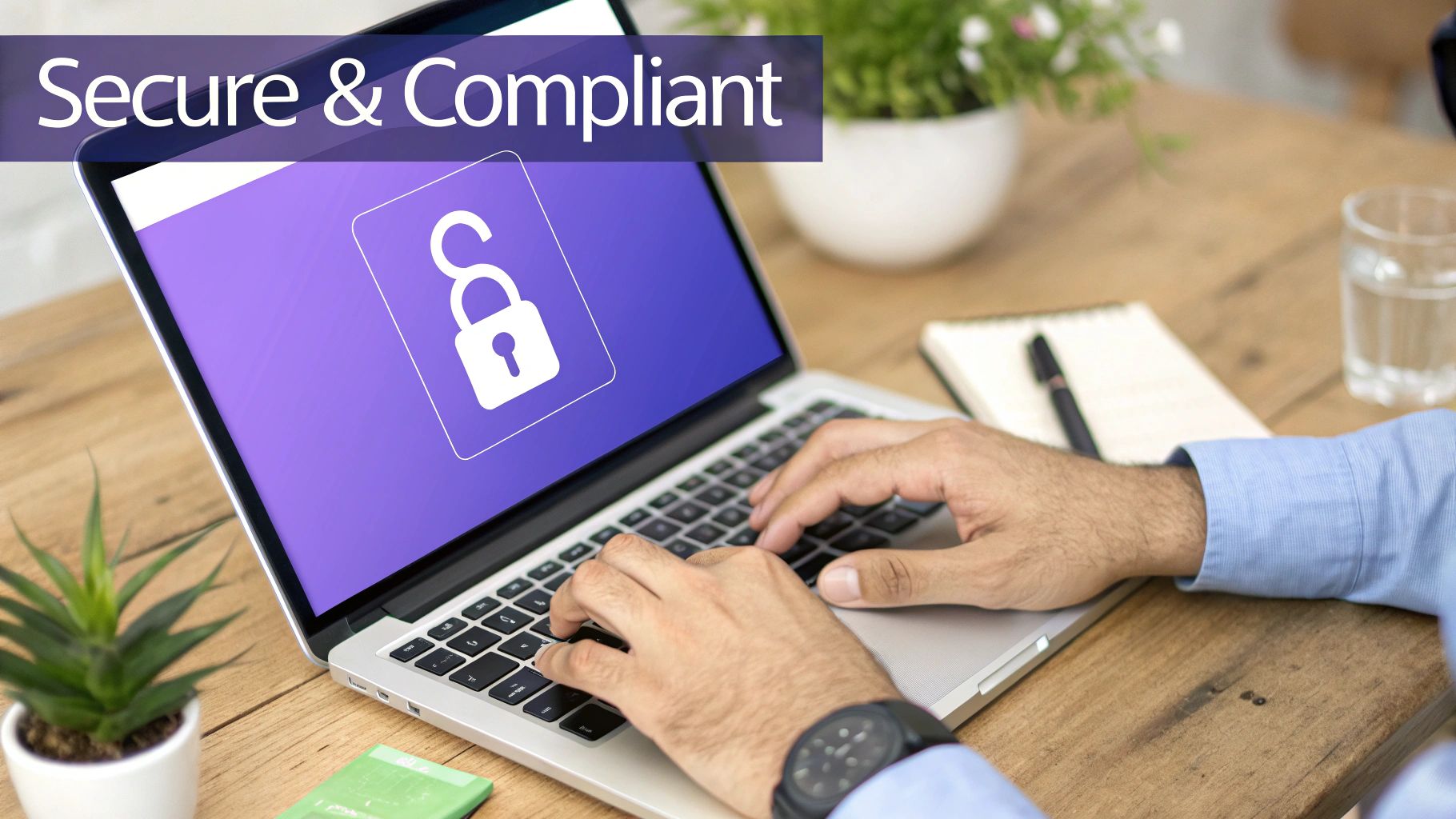 Hands typing on a laptop displaying an open padlock icon and 'Secure & Compliant' text, emphasizing data security.