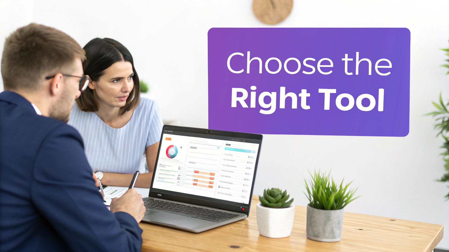 Two professionals discuss data on a laptop screen, with a purple sign encouraging them to 'Choose the Right Tool'.