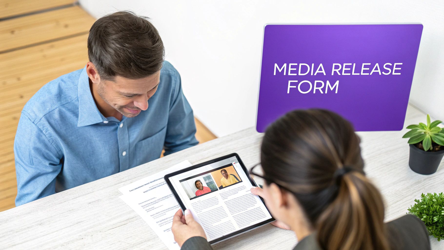 Two people review a digital media release form on a tablet, with a physical sign present.