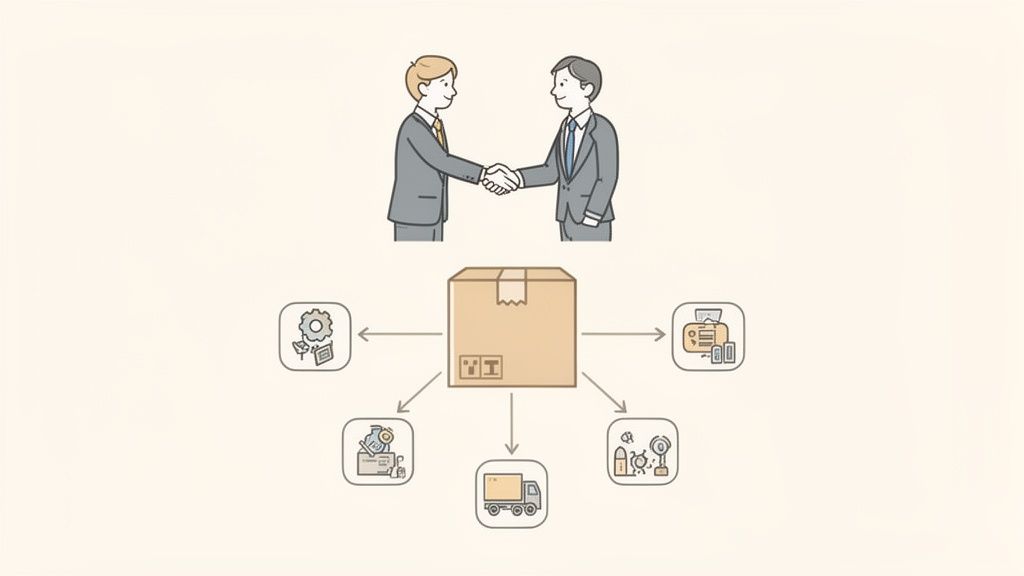 Two businessmen shake hands over a central box, surrounded by icons representing product lifecycle, logistics, and quality control.