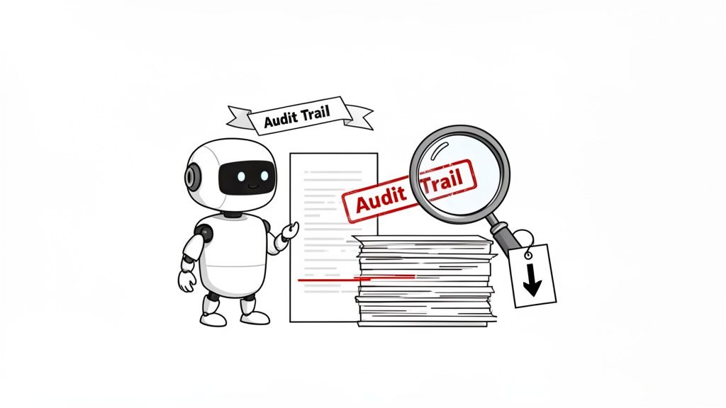 A cartoon robot stands by documents, with a magnifying glass magnifying an 'Audit Trail' stamp and banner.