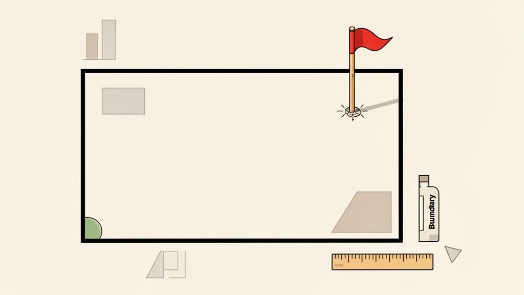 A diagram of a rectangular boundary containing a golf flag, geometric shapes, a ruler, and a bottle.